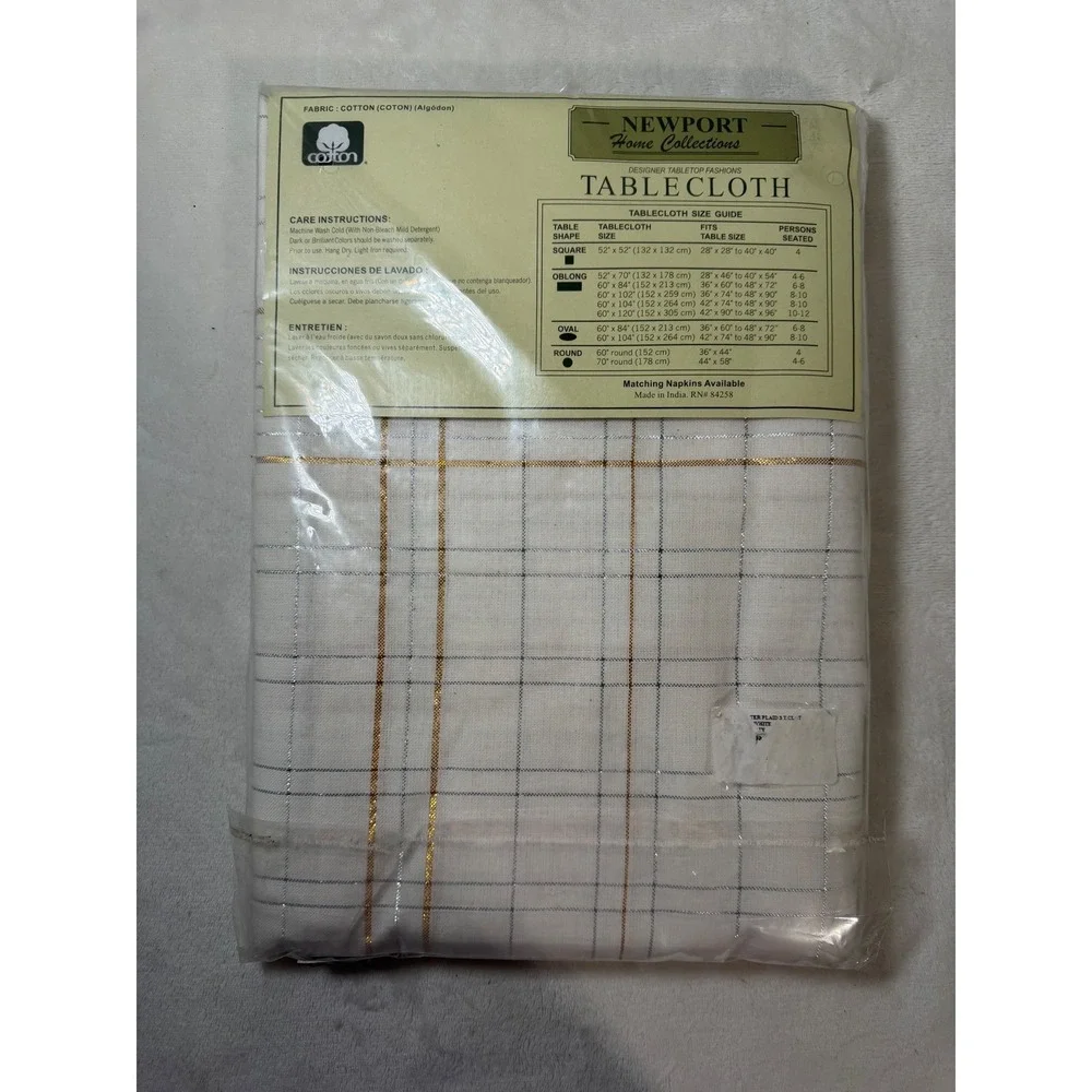 Newport Home Collections White Plaid Tablecloth Gold Silver Metallic 60x84